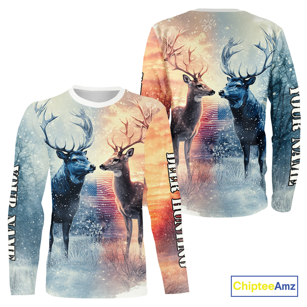 Deer Hunting in snow American Flag Long Sleeve, Hoodie Shirt NHT02
