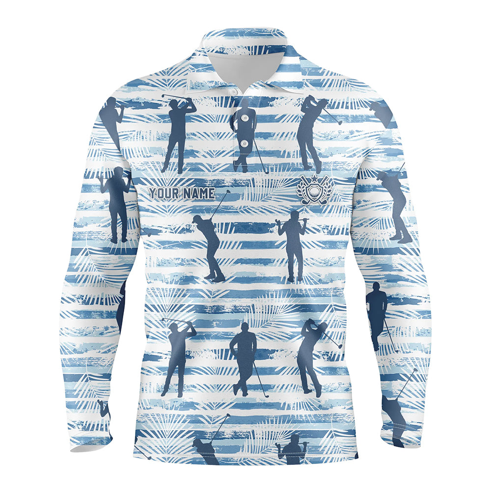 Personalized Blue Stripe Palm Leaves Mens Golf Polo Shirt Tropical Golf Shirts For Men Golf Gifts LDT0793