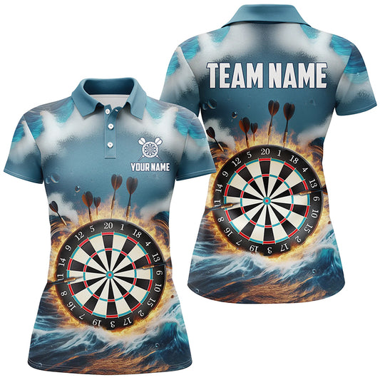 Fire And Water Blue Womens Darts Polo Shirt Custom Darts Shirt For Women Dart Jerseys LDT1431