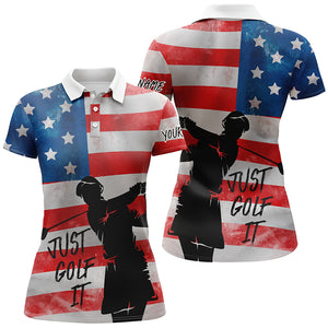 Vintage American Flag Just Golf It Womens Polo Golf Shirts, Customized Golf Shirts For Ladies LDT0036