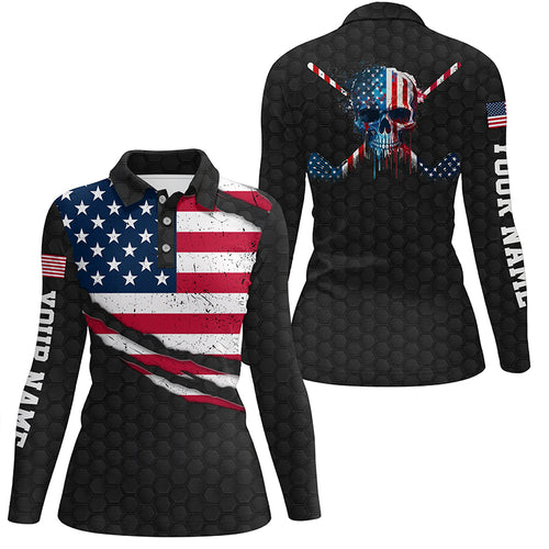 American Flag Skull Golf Shirts For Women, Funny Golf Shirt, Personalized Women Golf Shirts Golf Gift LDT0041