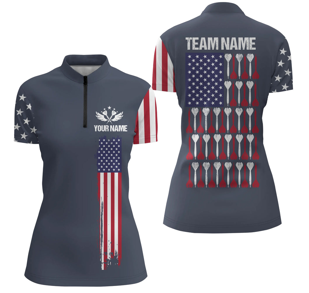 American Flag Navy Darts Quarter-Zip Shirt Custom Patriotic Womens Darts Shirt Dart Jersey LDT0509