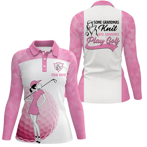 Grandmas Play Golf Womens Polo Shirts, White And Pink Golf Shirt For Ladies, Funny Female Golf Gifts LDT0046