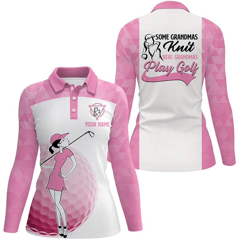Grandmas Play Golf Womens Polo Shirts, White And Pink Golf Shirt For Ladies, Funny Female Golf Gifts LDT0046