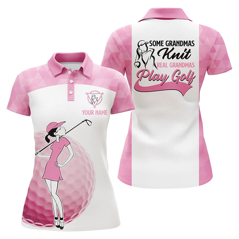 Grandmas Play Golf Womens Polo Shirts, White And Pink Golf Shirt For Ladies, Funny Female Golf Gifts LDT0046