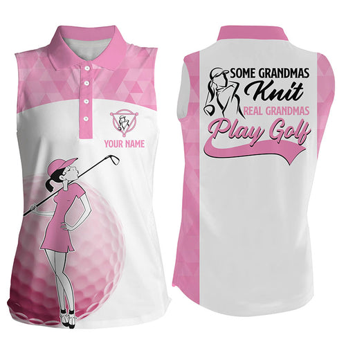 Grandmas Play Golf Womens Sleeveless Polo Shirts, White And Pink Golf Shirt For Her, Funny Golf Gifts LDT0046