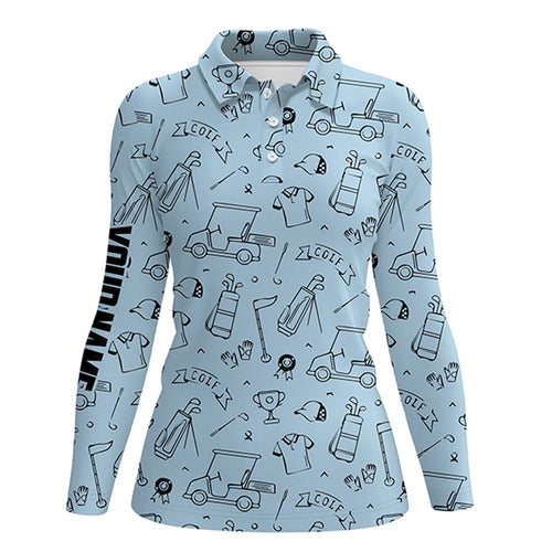 Golf Equipment Pattern Womens Polo Golf Shirts, Custom Name Sky Blue Best Golf Shirts For Womens LDT0049