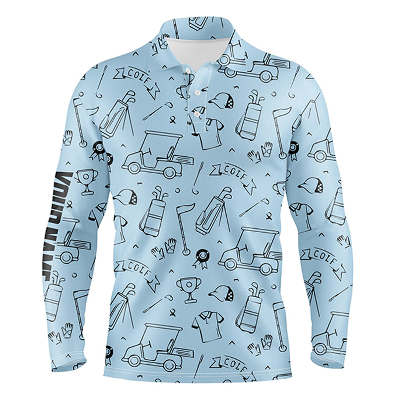 Golf Equipment Pattern Mens Polo Golf Shirts, Custom Name Sky Blue Best Golf Shirts For Men LDT0049