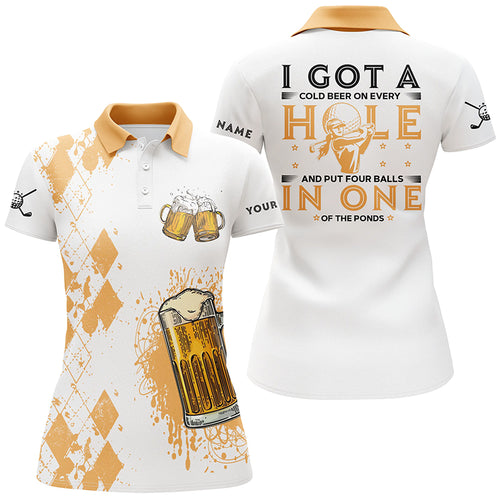 I Got A Cold Beer On Every Hole Yellow Argyle Golf Polo Shirts Beer Golf Shirts For Women LDT0525