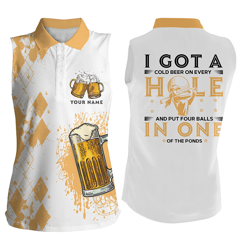 I Got A Cold Beer On Every Hole Yellow Argyle Womens Sleeveless Polo Shirt Beer Golf Shirts For Women LDT0525