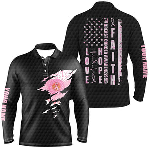 Faith Hope Love Flower Breast Cancer Awareness Mens Polo Shirts American Flag Golf Tops For Men LDT0261