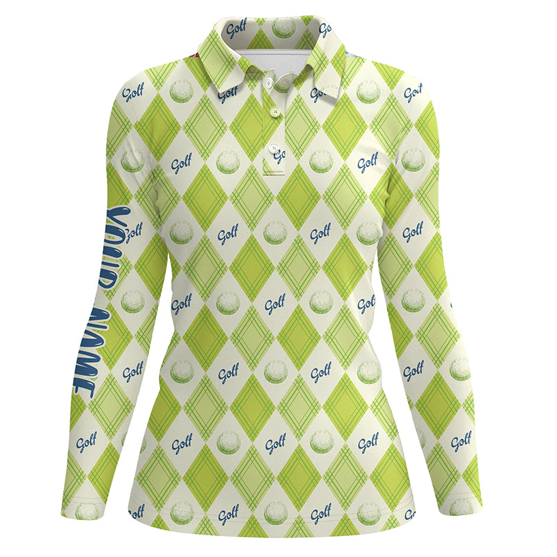 Golf Pattern With Balls Green Argyle Womens Polo Shirt Custom Golf Shirts For Women Golf Gift LDT0571