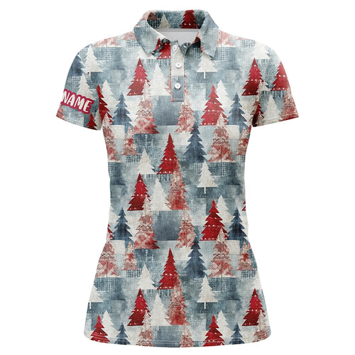 Grunge American Christmas Tree Red Blue Womens Golf Polo Shirts Vintage Golf Shirts For Women LDT0583