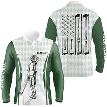 Load image into Gallery viewer, Mens Green Argyle American Flag Patriotic Golf Polo Shirts Custom Skull Golf Shirts For Men LDT0292