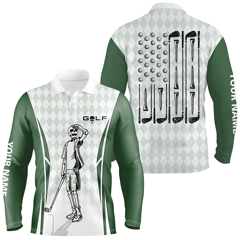 Mens Green Argyle American Flag Patriotic Golf Polo Shirts Custom Skull Golf Shirts For Men LDT0292