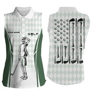 Green Argyle American Flag Patriotic Sleeveless Golf Polo Shirts Custom Skull Golf Shirts For Women LDT0292