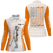 Load image into Gallery viewer, Orange Argyle American Flag Patriotic Golf Polo Shirts Custom Skull Golf Shirts For Women LDT0293