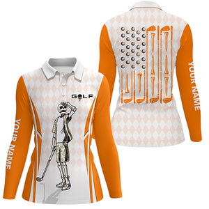 Orange Argyle American Flag Patriotic Golf Polo Shirts Custom Skull Golf Shirts For Women LDT0293