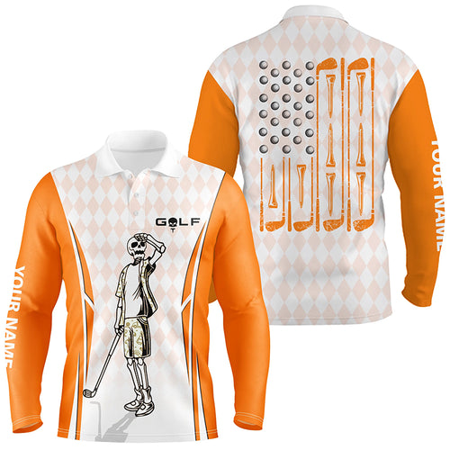 Mens Orange Argyle American Flag Patriotic Golf Polo Shirts Custom Skull Golf Shirts For Men LDT0293