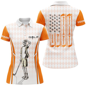 Orange Argyle American Flag Patriotic Golf Polo Shirts Custom Skull Golf Shirts For Women LDT0293