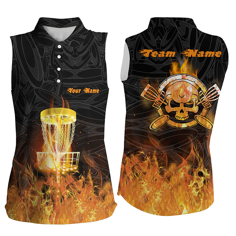Fire Flame Disc Golf Womens Sleeveless Polo Shirt Custom Orange Skull Women Disc Golf Shirt Golf Gift LDT0905