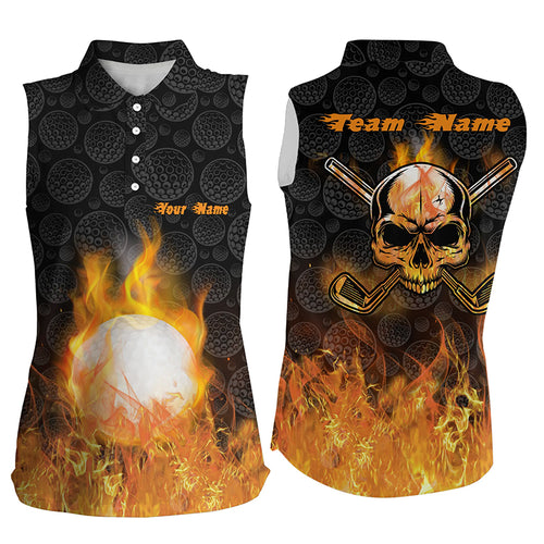Fire Flame Golf Ball Womens Sleeveless Polo Shirt Custom Orange Skull Golf Shirts For Women Golf Gift LDT0906