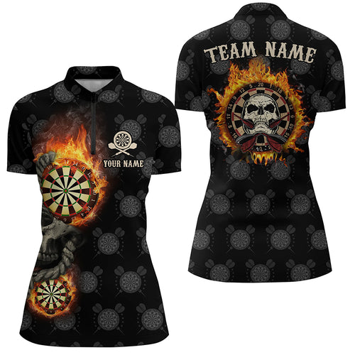 Personalized Darts Flame Skull Quarter Zip Shirts Custom Fire Crazy Darts Jersey For Women LDT0313