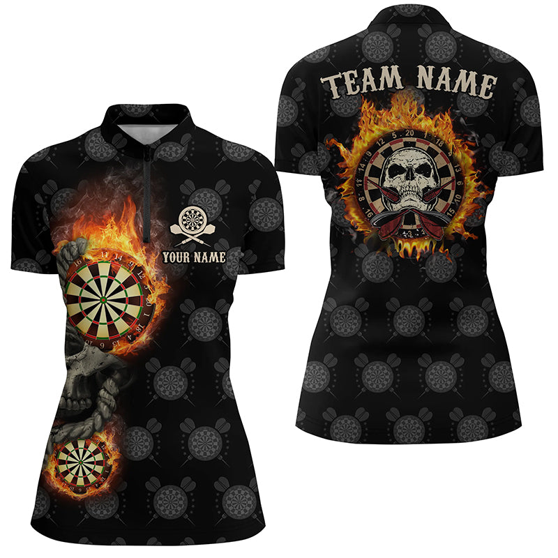 Personalized Darts Flame Skull Quarter Zip Shirts Custom Fire Crazy Darts Jersey For Women LDT0313
