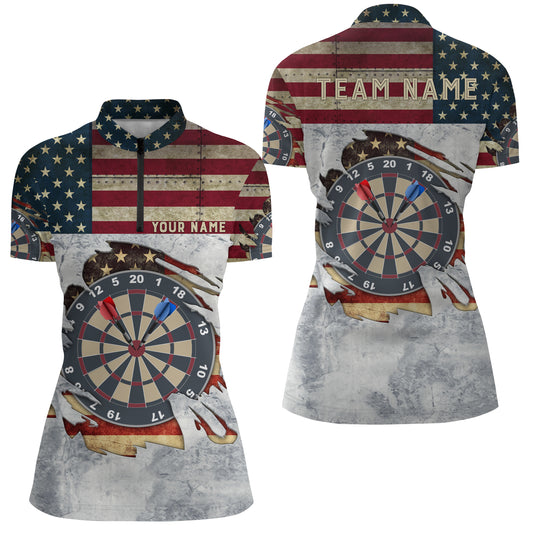 Retro American Flag Darts Quarter Zip Shirt Custom Name Patriotic Darts Jerseys For Women LDT0319