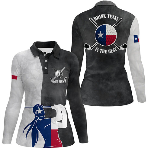 Texas Flag Womens Golf Polo Shirts, Black And White Patriotic Golf Shirts For Women, Best Golf Gifts LDT0096