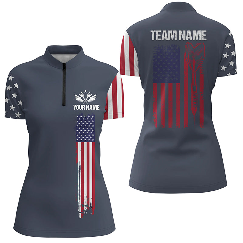 Navy American Flag Dart Quarter Zip Shirt Custom Patriotic Dart Shirt For Women Dart Jersey LDT0652