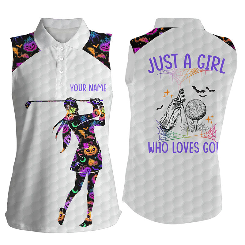 Womens Halloween Sleeveless Golf Shirt Multicolor Pumpkins And Bats Golf Shirts For Women, Golf Gifts LDT0111