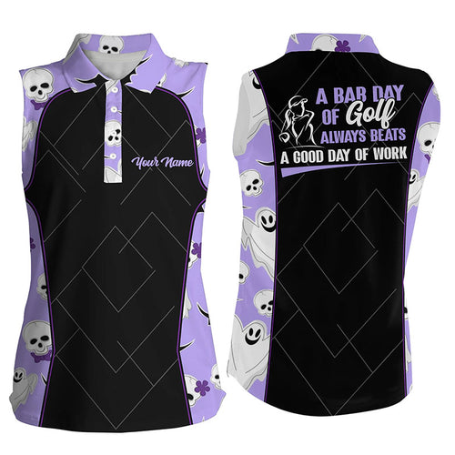 Womens Purple Halloween Sleeveless Golf Shirt Halloween With Skulls And Ghosts Golf Shirts For Women LDT0113