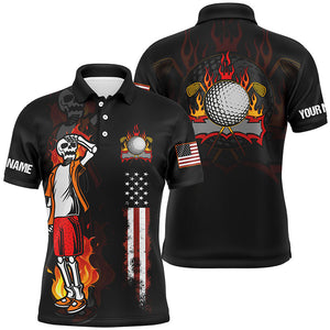 Mens Fire Skull Golf Polo Shirt, American Flag Golf Shirts For Men Crazy Skull Golf Shirt, Golf Gifts LDT0123