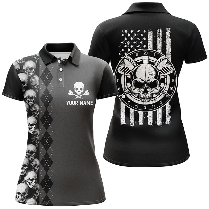 Black Grey Argyle Skull Darts Polo Shirt American Flag Patriotic Darts Jersey For Women LDT0382