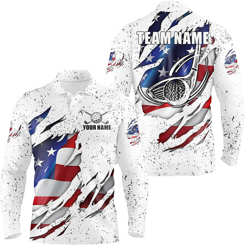 American Flag Ripped White Grunge Golf Men Polo Shirts Custom Patriotic Golf Shirts For Men LDT0699