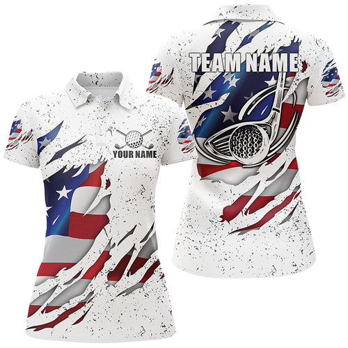 American Flag Ripped White Grunge Golf Polo Shirts Custom Patriotic Golf Shirts For Women LDT0699