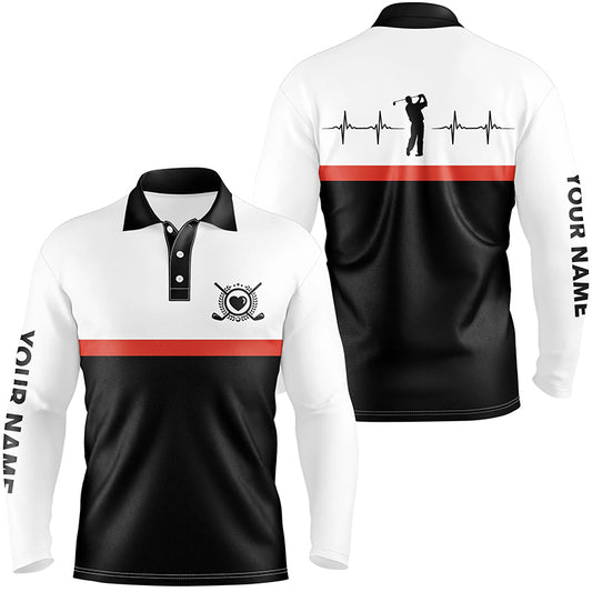 Golf Heart Beat Black Orange Mens Polo Shirts Custom Name Golf Shirts For Men Golfing Gifts LDT0384