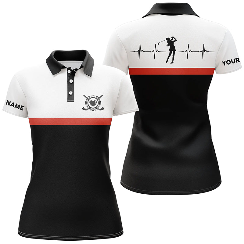 Golf Heart Beat Black Orange Polo Shirts Custom Name Golf Shirts For Women Golfing Gifts LDT0384