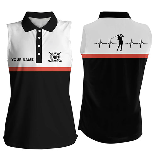 Golf Heart Beat Black Orange Sleeveless Polo Shirts Custom Name Golf Shirts For Women Golfing Gifts LDT0384