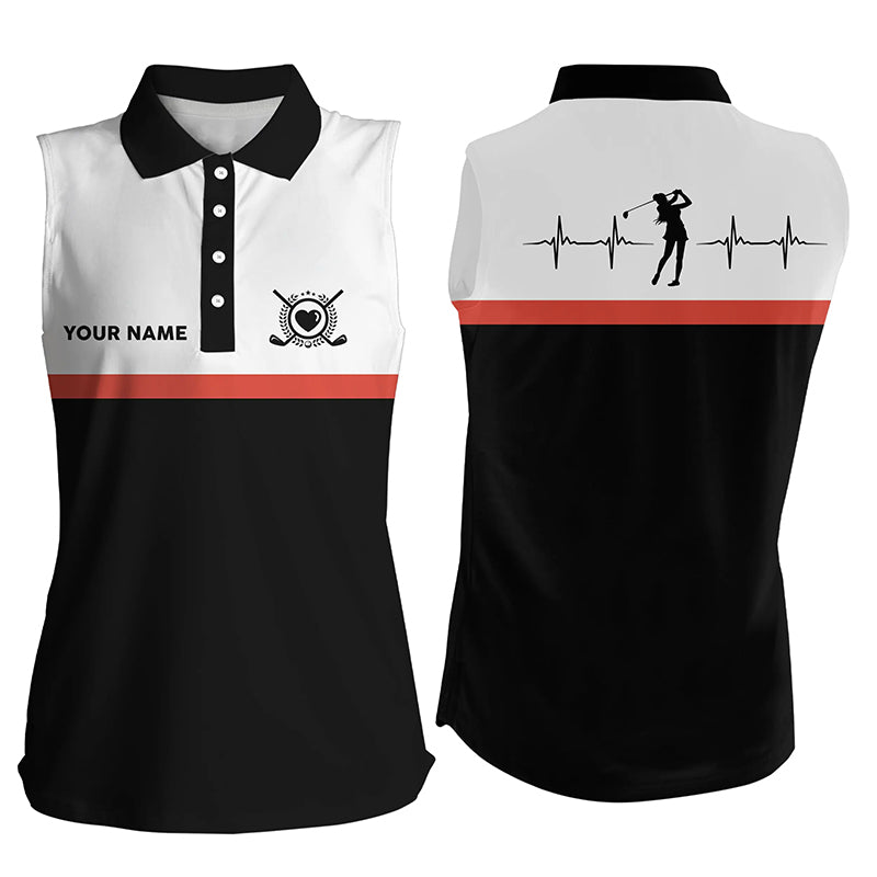 Golf Heart Beat Black Orange Sleeveless Polo Shirts Custom Name Golf Shirts For Women Golfing Gifts LDT0384