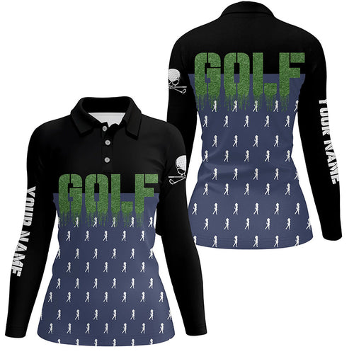 Black And Navy Womens Golf Polo Shirts, Custom Funny Golf Shirt For Ladies, Skull Golfing Gifts LDT0136