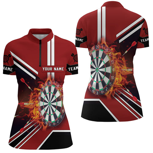 Black Red Flame Dartboard Quarter-Zip Shirt Custom Fire Darts Shirt For Women Dart Jersey LDT0406