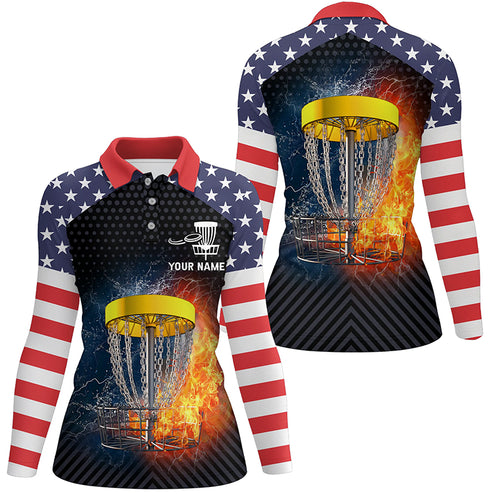 Fire And Water Disc Golf Womens Polo Shirts American Flag Disc Golf Tops For Women Golf Gifts LDT0159