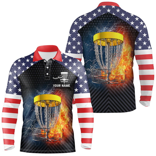 Fire And Water Disc Golf Mens Polo Shirts, American Flag Disc Golf Shirts For Men, Patriotic Gifts LDT0159