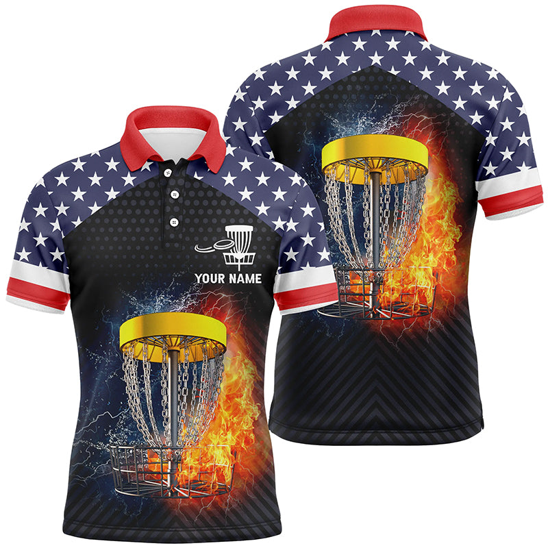 Fire And Water Disc Golf Mens Polo Shirts, American Flag Disc Golf Shirts For Men, Patriotic Gifts LDT0159