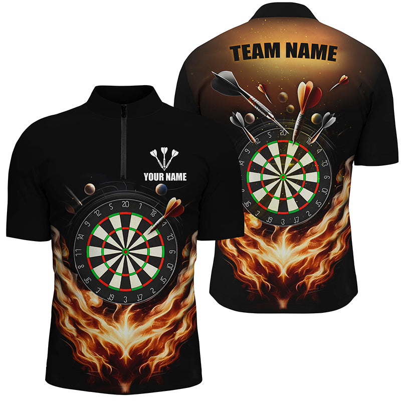 Black Orange Fire Flame Darts Quarter Zip Shirt Custom Darts Shirt For Men Dart Jerseys LDT1372