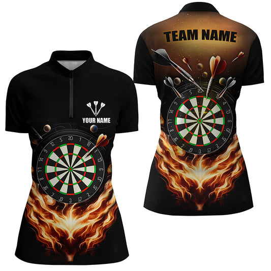 Black Orange Fire Flame Darts Quarter Zip Shirt Custom Darts Shirt For Women Dart Jerseys LDT1372
