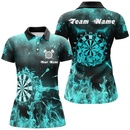 Turquoise Fire Flame Womens Darts Polo Shirts Custom Darts Shirt For Women Dart Jerseys LDT1379