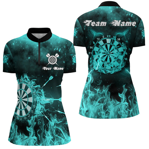 Turquoise Fire Flame Darts Quarter Zip Shirts Custom Darts Shirt For Women Dart Jerseys LDT1379